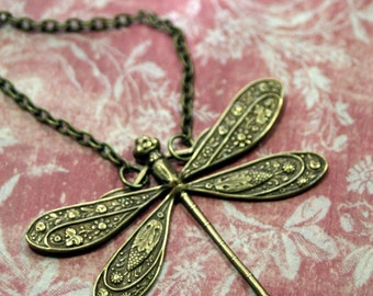 The Naked Dragonfly Necklace in Antique Brass Sweet Detailed Wings Spring Botanical SImple Flirty