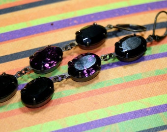 Tattered Macabre Vintage Swarovski Rhinestones in Shoulder Duster Earrings of Purple n Black