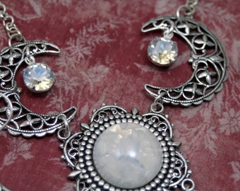 Bella Luna (Beautiful Moon) White Fire Opal Crescent Moon Necklace Swarovski Moonlight Feminine Ethereal