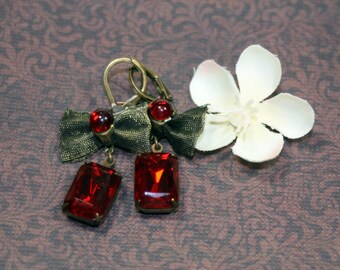 Monticello Siam Red Vintage Swarovski Dangle Earrings Bows n Sparkle