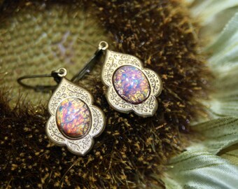Hidden Fires Art Deco Petite Fire Opal Dangle Earrings Antique Brass Just at 1 1/2 Inches