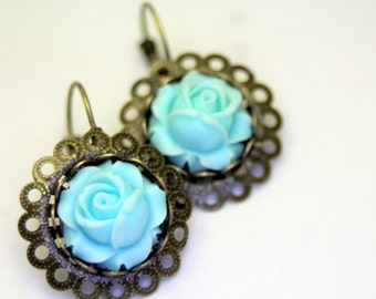 Old English Rose Bold Leverback Earrings Lush Mint Blue Wedding Bridal