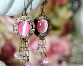 I feel Pretty Oh SO Pretty...Cotton Candy Pink Dangle Earrings in Antique Brass Crystals Lampwork Cats eye
