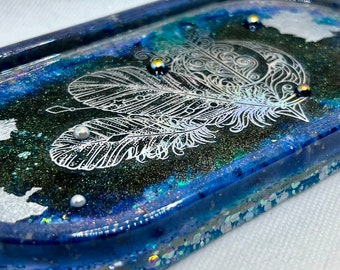 Into the Mystic Blue Celestial Moon Feather Accent OOAK Dresser Ring Trinket Tray
