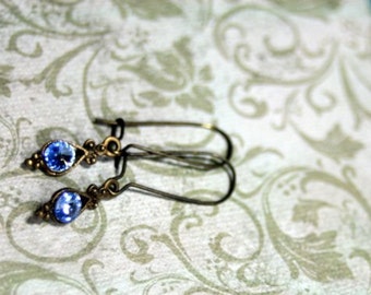 Choice Jet, Silk, Montana Blue, Lite Sapphire, Copper  Petite Drops of Color Antique Brass Swarovski Rivoli Crystals