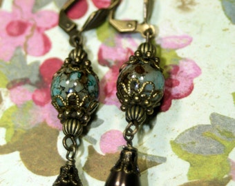 Chocolate Mint Marble Dangle Earrings Warm Turquoise n Deep Brown Swarovski Pearls Gypsy Cowgirl