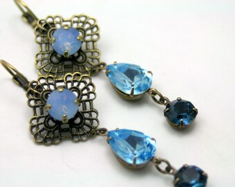 Shades of Blue Bridal Jewelry Earrings Long Dangle Swarovski Elements Ombre Rhinestones