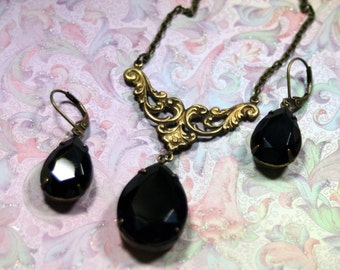 Noir Art Deco Black Vintage Rhinestone Estate Necklace Earring Set Heirloom Night