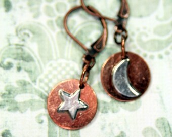 The Moon The Stars In Copper and Sterling Dangle Earrings
