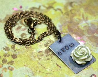 GROW Hand Stamped Necklace Pendant with Woodland Rose Layering Chain