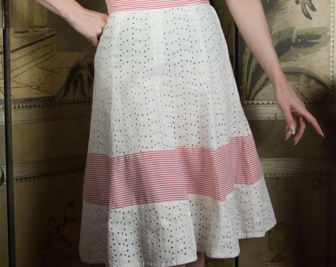1940s Skirt - Charming Cotton Vintage 40s Eyelet Skirt Banded with Red and White Stripes