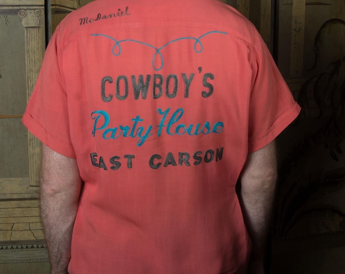 Killer Vintage 1950s Men's Rayon Bowling Shirt from Cowboy's Party House Chain Stitched Rockabilly Rare