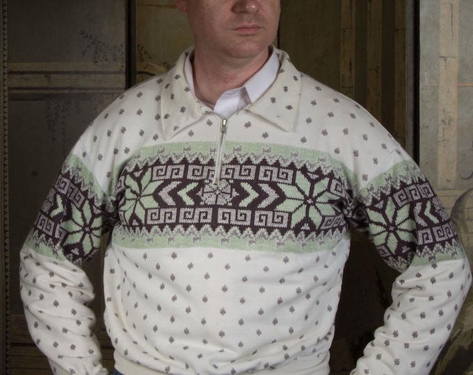 1950s Style Vintage Japanese Repro Cotton Knit Pullover Fair Isle Print Sweatshirt Sweater Gaucho with Quarter Zip