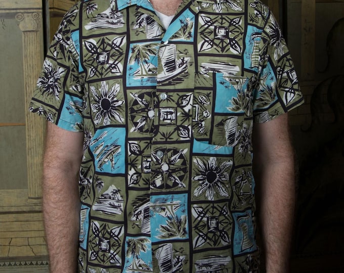 Vintage 1950s BUD BERMA Cotton Aloha Shirt "Luau Hawaiian Festival" Turquoise and Olive Novelty Print