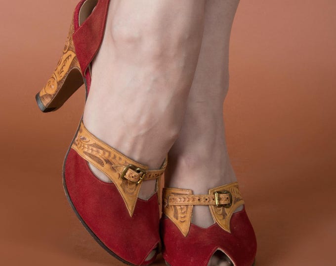1950s Shoes - Size 6 1/2 M - Gorgeous Late 1940s/Early 1950s Tooled Leather and Brick Red Suede Heels - Autumn Lookbook 2026