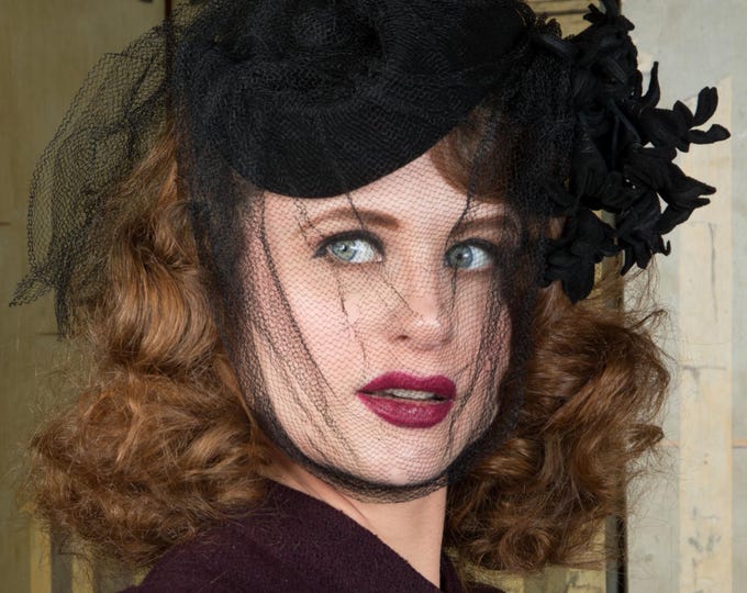 1940s Hat -  High Drama Vintage 40s Felt Topper Style Tilt Hat with Full Face Veil, Sequins, and a Bouquet of Felt Flowers by Valerie Mods