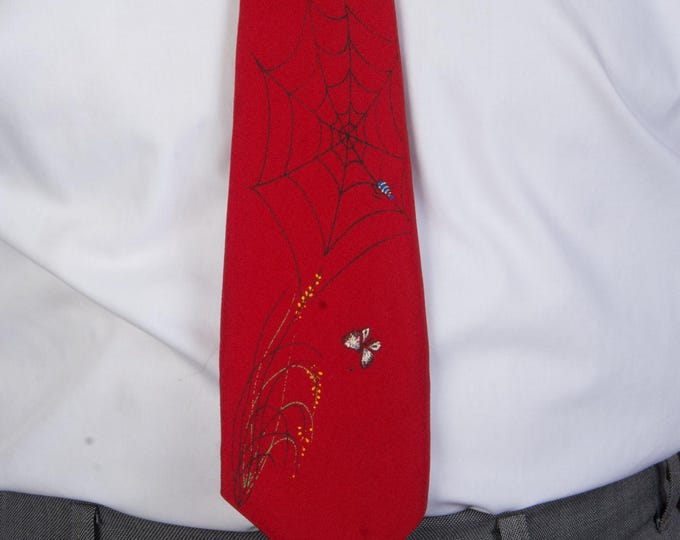 Vintage Late 1940s or Early 50s Handpainted Spiderweb and Butterflies Novelty Necktie in Bold Red