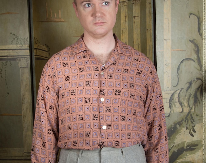 Vintage 1950s MYLAN Soft Rayon Loop Collar Sportswear Shirt in Tan with MCM Print of Blue and Black with Long Sleeves Size Medium 15 15 1/2