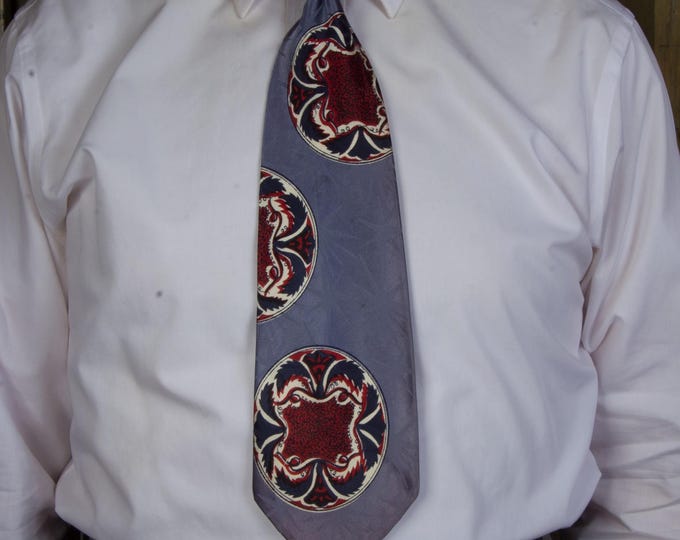 Vintage 1940s Ultra Shiny Satin Wide Tie in Cornflower Blue and Brick Red with Navy