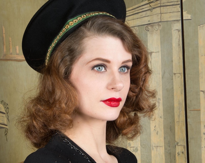 1940s Hat - Snappy Black Miniature Beret with Gold Studs and Emerald Green Trim