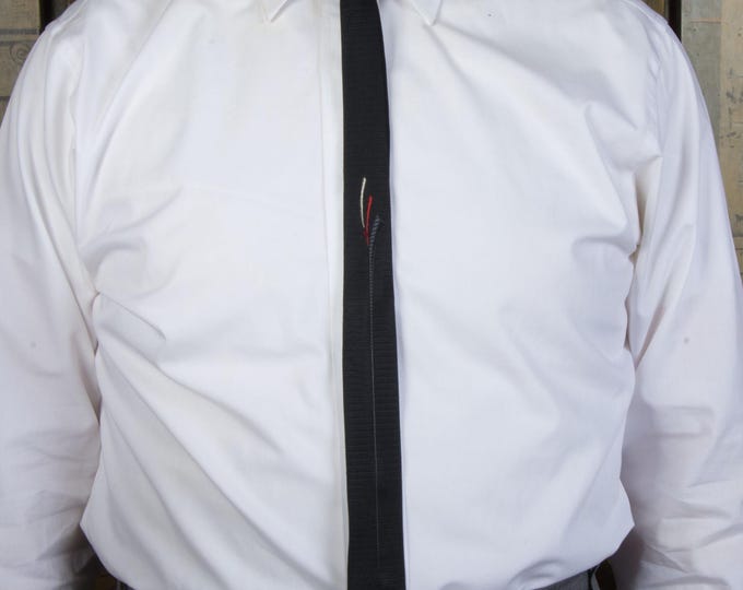 Vintage 1960s Skinny Tie in Black  with Embroidered Red and Ivory