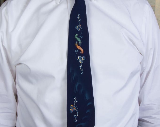 Vintage 1960s Slim Hand Painted Necktie Tie in Deep Blue with Feathers and Flowers