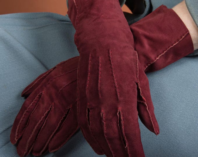 1940s Gloves - Size 6 1/2  -Bold Vintage 40s Soft Suede Gloves in Oxblood - Autumn Lookbook 2026