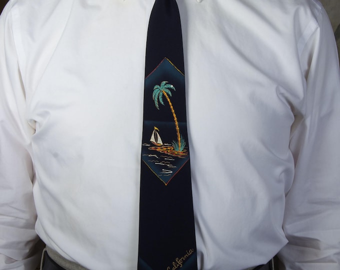 Vintage 1950s Hand Painted California Souvenir Necktie in Navy Blue with Palm Tree and Sailboat