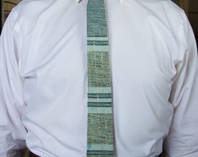 Vintage 1950s or 1960s Woven Wool Tweed Square Bottom Necktie in Mint and Aqua Greens Kyloom Tweeds by Cavalier of Louisville