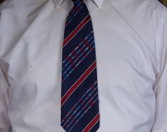 Vintage 1930s Brocade Striped Tie in Lustrous Blue Moiré Stripes with White, Red, and Brighter Blue