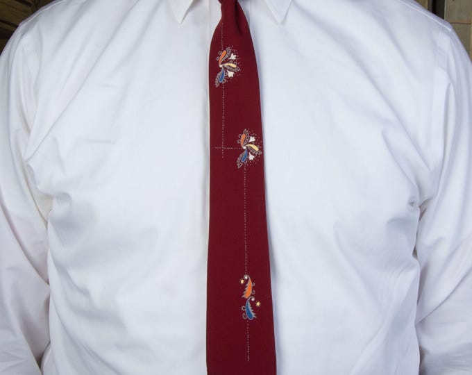 Vintage 1960s Handpainted Necktie in Burgundy with Orange, White, Yellow and Blue