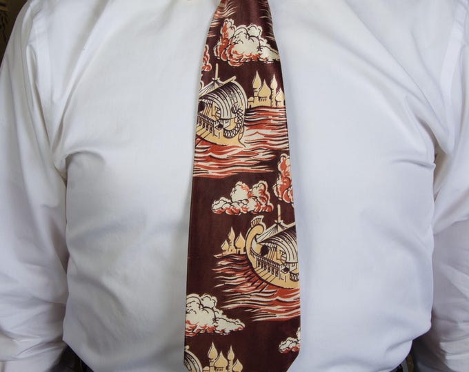 Vintage 1940s Novelty Print Necktie by ARROW with Wooden Roman Sailing Ships