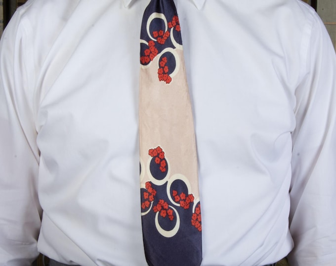 Vintage 1950s Lustrous Shiny Satin Wide Tie with Red Floral As Is