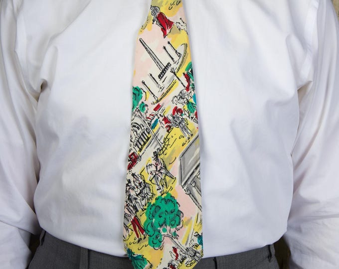 Vintage 1950s Brilliant Novelty Scenic Tie - Paris on Bastille Day
