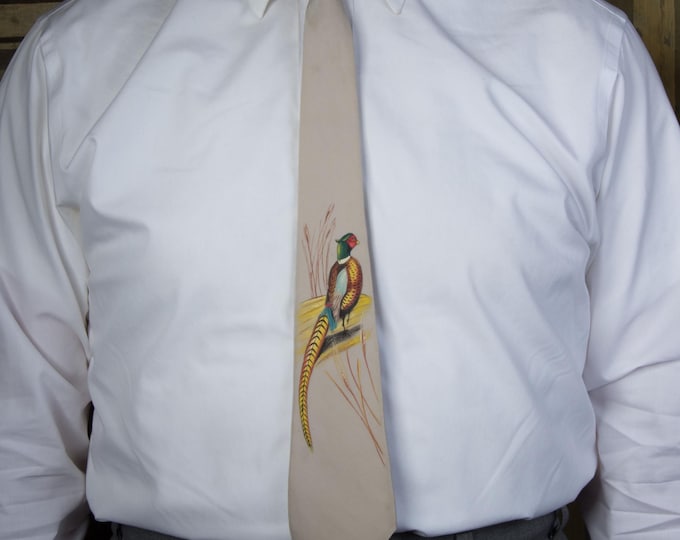 Vintage 1950s 60s Hand Painted Necktie Tie with Pheasant Sportsman Hunting Theme