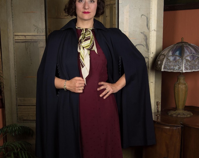 1940s Wool Cape in Navy Blue with Button Trimmed Arm Vents and Scarf Holes