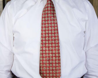 Vintage 1940s Lustrous Satin Tie with Repeated Medallion Pattern in Rusty Brick Red