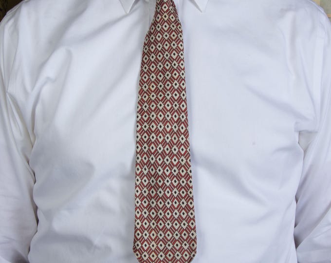 Vintage 1920s Silk Tie with Geometric Check in Red, Black and Ivory with Brooks Brothers Silk Bowtie of the Matching Print