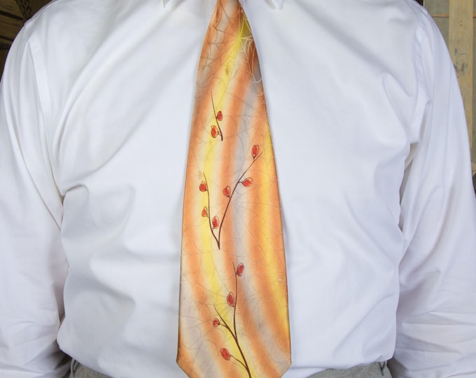 Vintage 1940s Killer Spiderweb Satin Brocade with Hand Painting and Airbust Rare Wide Novelty Print Necktie