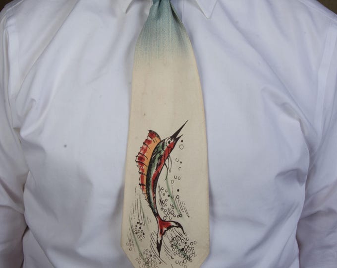 Vintage 1940s Novelty Printed and Handpainted MARLIN Swordfish Wide Tie by Pilgrim