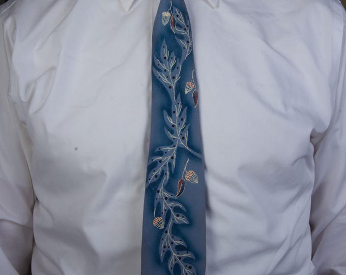 Vintage 1950s Hand Painted Necktie Tie in Cornflower Blue with Winter Branches and Acorns by Fashion Craft