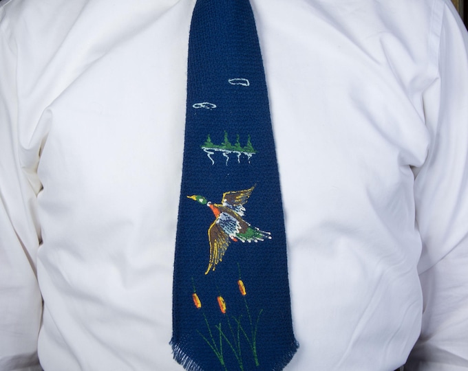 Vintage 1940s or early 1950s Woven Wool Hand Painted Tie in Royal Blue with Mallard Duck by Pilgrim