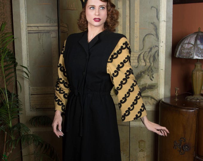 1940s Coat - Exceptional Vintage 40s Black Wool Tailored Coat with Mustard Sleeves and Chenille Embellishment - Autumn Lookbook 2026