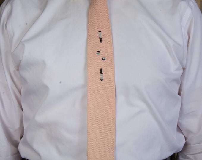 Vintage 1950s Machine Knit PINK Square Bottom Tie in Black and Silver Embroidery