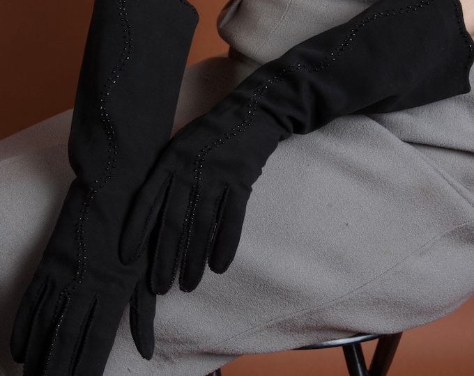 1940s Gloves - Size 6 1/2 - Elegant Vintage 40s Long Rayon Gloves with Beading that Runs Finger to Hem