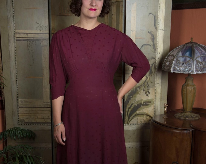 Vintage 1930s Dress in Plum Rayon Crepe with Polka Dot Jacquard Wounded Bird As Is