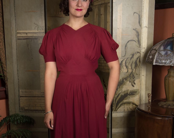 Vintage Late 30s/Early 1940s Puffed Sleeve Rusty Raspberry Rayon Dress with Shirred Details Wounded Bird As Is