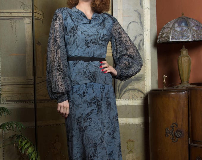 1930s Vintage Dress of Luxuriously Soft Silk Embroidered Bishop Sleeves that Match the Printed Silk