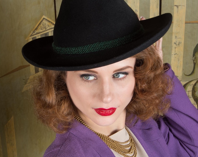 1930s Hat - Exquisite Vintage 30s Stylized Tyrolean Inspired Fedora in the Softest Black Fur Felt Velour with Feather Spray
