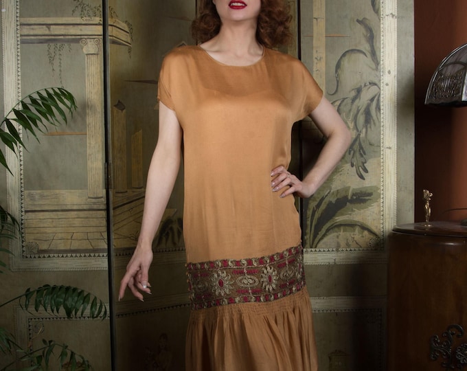1920s Dress Authentic Antique 20s Soft Caramel Color Silk Dress with Colored Embroidered Net Lace with Buttons